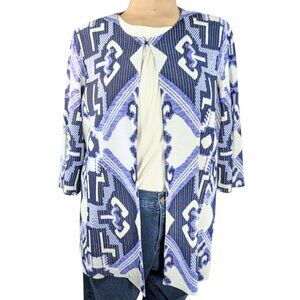 Misook 0X Blue & White Geometric Ikat Half Sleeve Long Open Cardigan Sweater